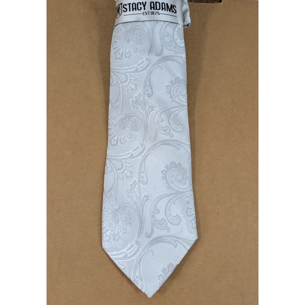 Stacy Adams Men's Tie Hanky Set Silver Charcoal Gray Paisley Stripes 3.25" Wide